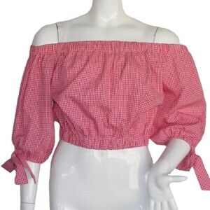 ZARA Basic Top, S, Red Gingham, Cropped, Tie/bow Sleeves, Checks